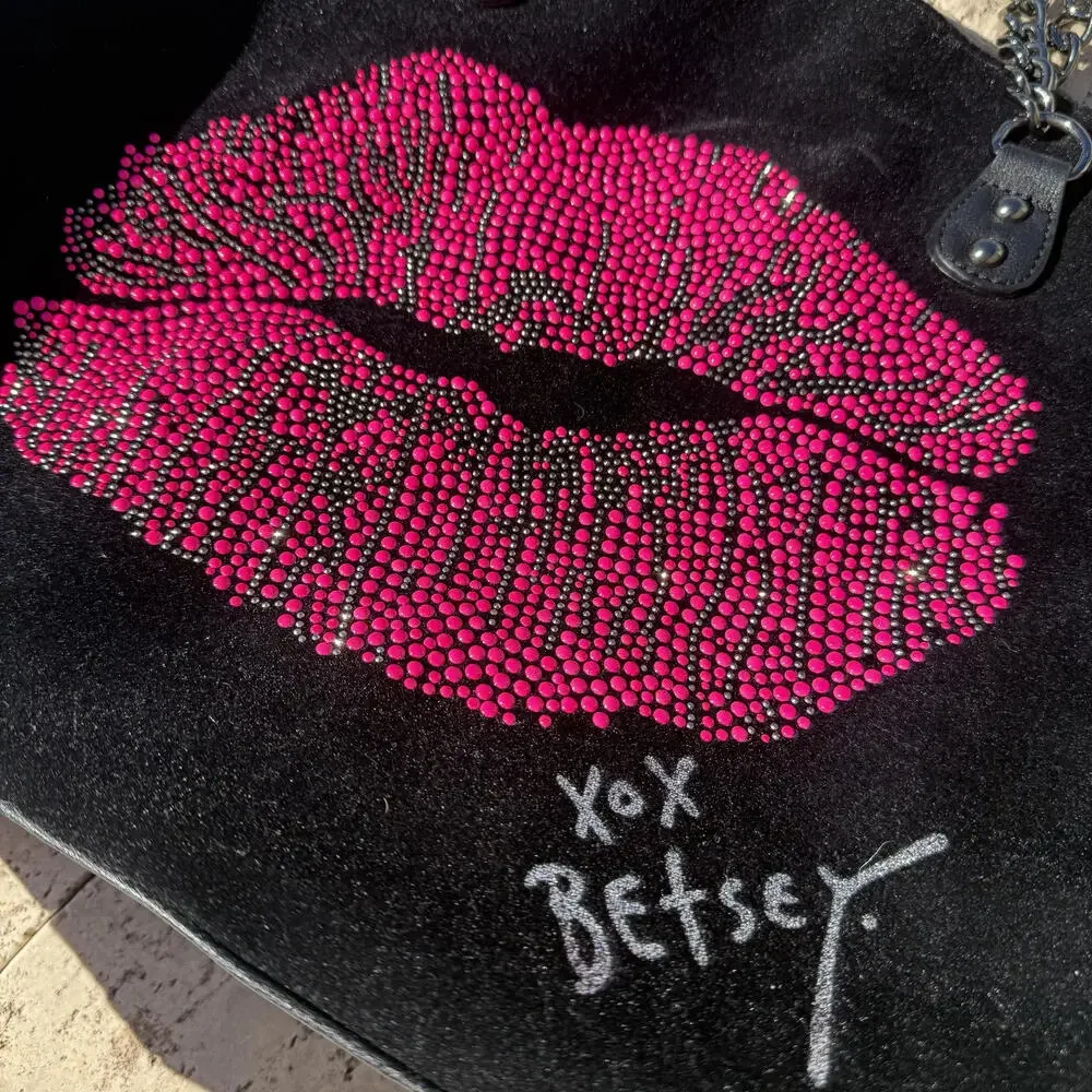 Vintage Betsey Johnson Black Tote Bag with Pink Rhinestone Lips Design RARE